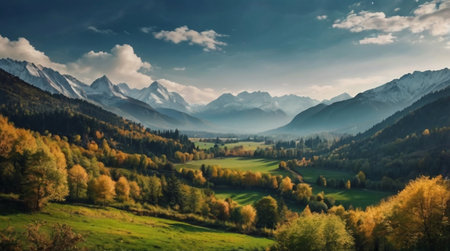 Panoramic view of autumn alpine meadow and snowy mountainsの写真素材