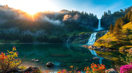Sunset over the alpine lake with the waterfall in the foreground.の写真素材