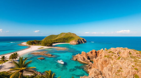 Aerial view of beautiful tropical beach with white sand, turquoise ocean and blue skyの写真素材