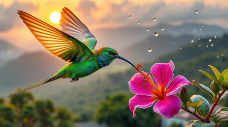Beautiful hummingbird with flying wings and pink hibiscus flowerの写真素材