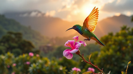 Beautiful hummingbird on the flower in the garden at sunset.の写真素材