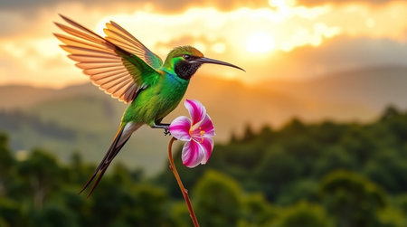 Hummingbird flying with pink flower in the background at sunset.の写真素材
