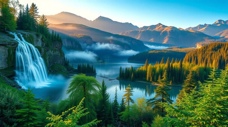 Beautiful alpine lake in the mountains at sunrise. Concept of active and ecological tourism