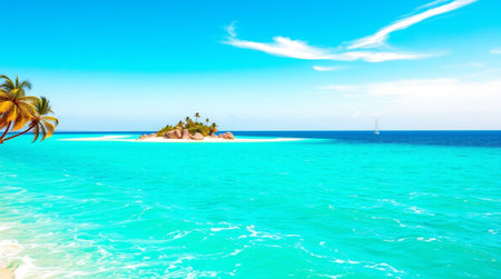 Tropical island with coconut palm trees and turquoise seaの写真素材