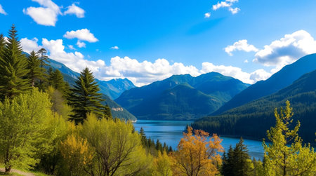 Mountain lake and blue sky with clouds. Beautiful nature landscape.