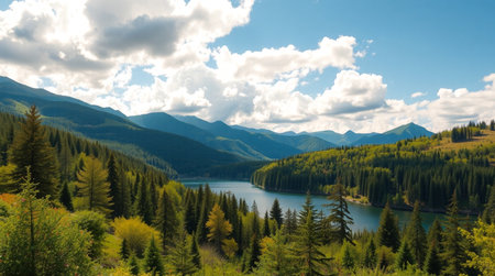 Beautiful mountain landscape with lake and forest in Altai, Russiaの写真素材