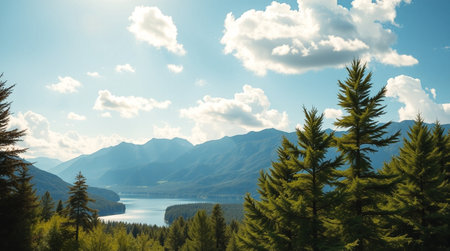 Mountain lake with coniferous trees and blue sky with clouds
