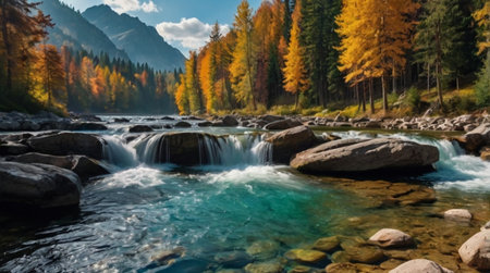 Beautiful autumn landscape with a mountain river and colorful trees in the mountains