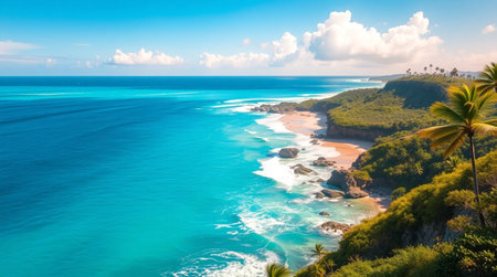 Beautiful panoramic view of a tropical beach with turquoise waters and golden sand.の写真素材