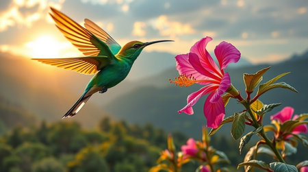 Hummingbird flying over pink hibiscus flower in sunsetの写真素材