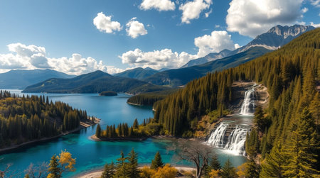 Panoramic view of turquoise lake and mountains in the Canadian Rockies