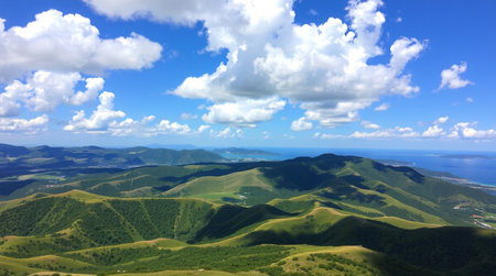 Beautiful mountain landscape with blue sky and white clouds, Crimea, Ukraine