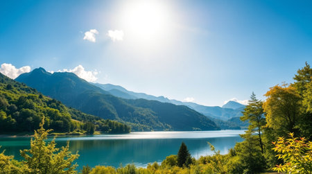 Panoramic view of beautiful alpine lake with blue sky.の写真素材
