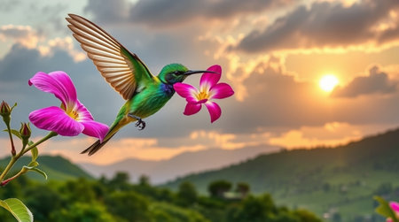 Hummingbird flying with pink flower in the background at sunset.の写真素材