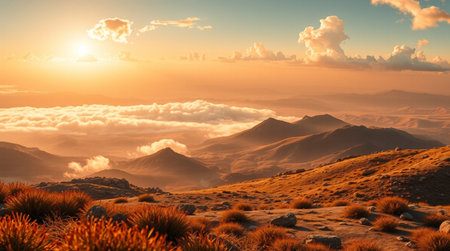 Sunset over the clouds in the mountains of Madeira Island, Portugalの写真素材