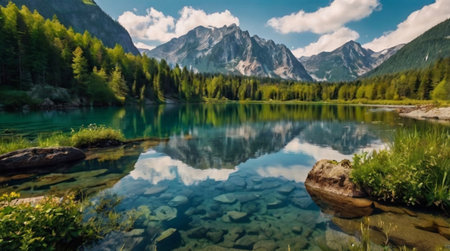 Mountain lake in Dolomites, Italy. The concept of active, ecological and photo tourismの写真素材