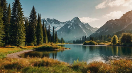 Panoramic view of the alpine lake in the mountains.
