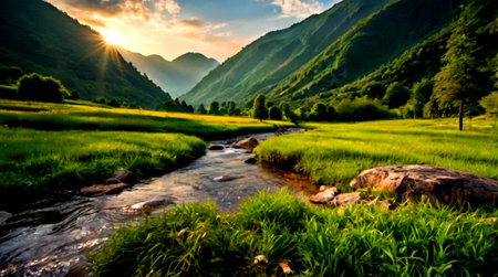 Mountain river in the valley at sunset. Beautiful nature scenery.の写真素材