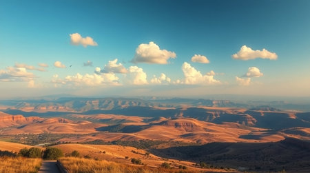 Mountain landscape with blue sky and white clouds. Panoramic view.の写真素材