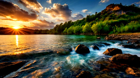 Mountain river at sunset. Beautiful summer landscape with mountain river.の写真素材