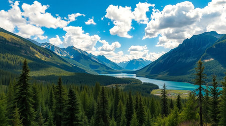 Panoramic view of turquoise lake and forest on the background of high mountains