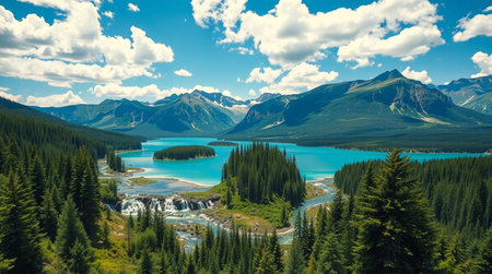 Scenic view of turquoise lake in Canadian Rockies, Alberta, Canada