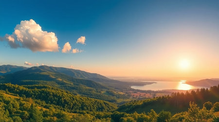 Panoramic view of the mountains and the sea at sunset.の写真素材