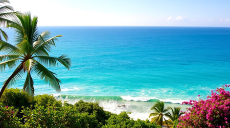 Beautiful tropical beach with palm trees and turquoise water.の写真素材