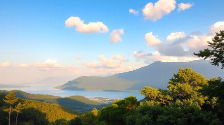 Landscape view of the sea and mountains on a background of blue skyの写真素材