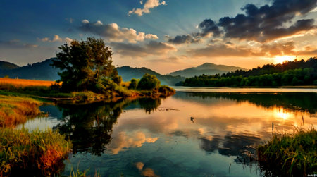 Sunset over a lake in the mountains with silhouettes of treesの写真素材