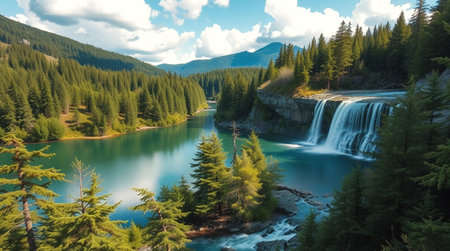 Waterfall in the mountains. Mountain lake with a waterfall in the forest.の写真素材