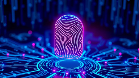 Fingerprint scan on digital circuit board background. 3d renderingの写真素材