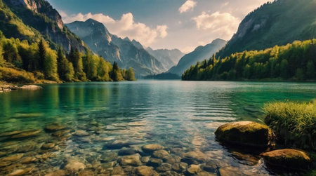 Panoramic view of beautiful alpine lake with crystal clear water in mountains.の写真素材