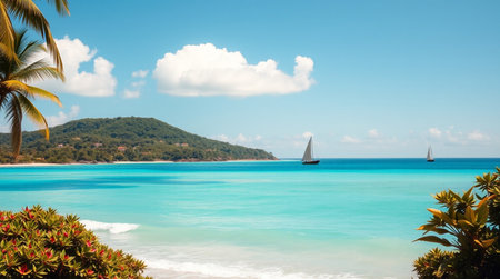 Tropical beach with palm trees and white sand at Seychellesの写真素材