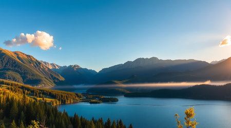 Panoramic view of a lake in the alps at sunsetの写真素材