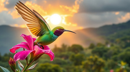 Hummingbird flying in the sky with flower and sunset background.の写真素材