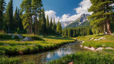 Panoramic view of the mountain river in the summer in the mountainsの写真素材