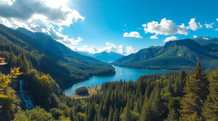 Panoramic view of lake in the mountains. Beautiful landscape.