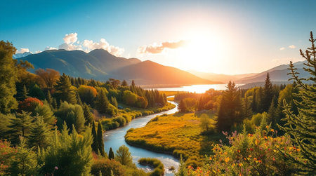 Mountain landscape with river at sunset. Beautiful natural background. Panoramaの写真素材