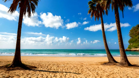 Tropical beach with palms and turquoise sea in backgroundの写真素材