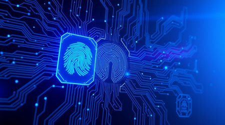 Fingerprint scan on blue circuit board background. Security concept. 3D Renderingの写真素材