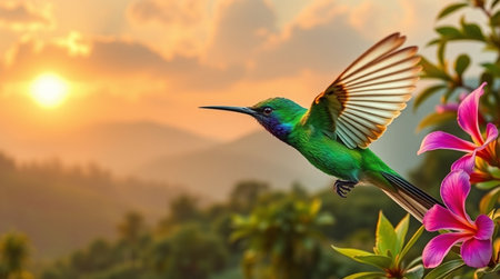 Hummingbird flying in the sunset with pink flower in the backgroundの写真素材