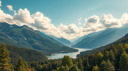 Panoramic view of the lake and mountains in the background.の写真素材