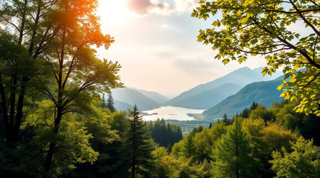 Mountain landscape with lake and forest at sunset. Panoramic view