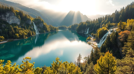 Beautiful view of a lake with waterfalls in a forest.の写真素材