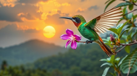 Beautiful Green Bee-eater bird with flower in nature backgroundの写真素材