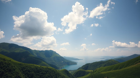 Beautiful green mountains under blue sky with white clouds. Summer landscapeの写真素材