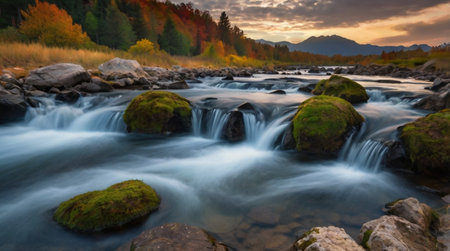 A long exposure of a waterfall flowing over rocks at sunset in autumnの写真素材