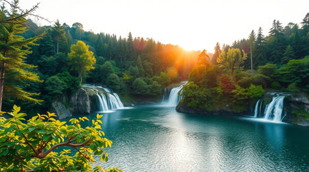 Waterfall in the forest at sunset. Beautiful landscape with a waterfall.の写真素材