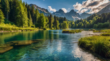 Panoramic view of a mountain lake